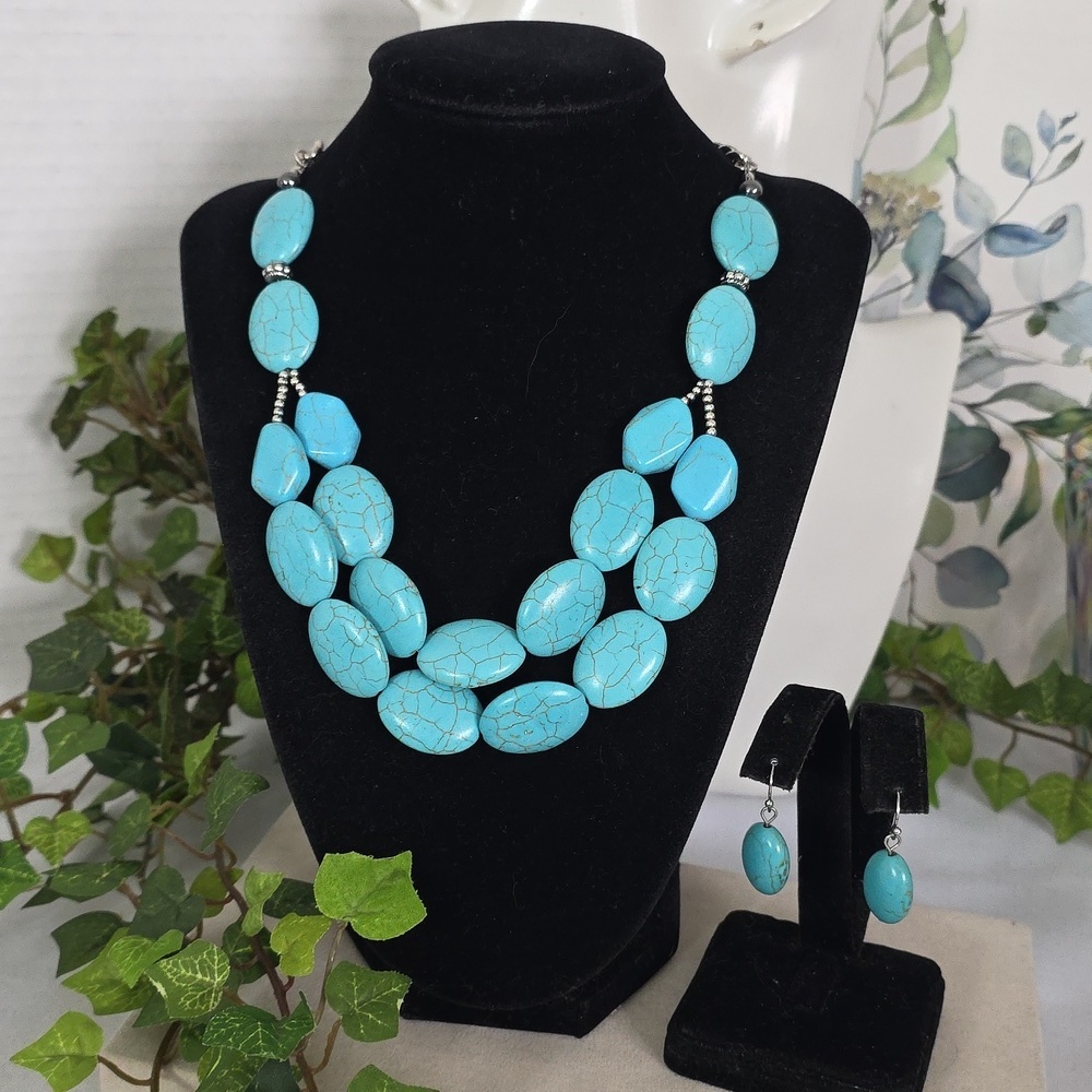 Silver Double Strand Necklace And Earrings Set Turquoise Blue Stone Beads